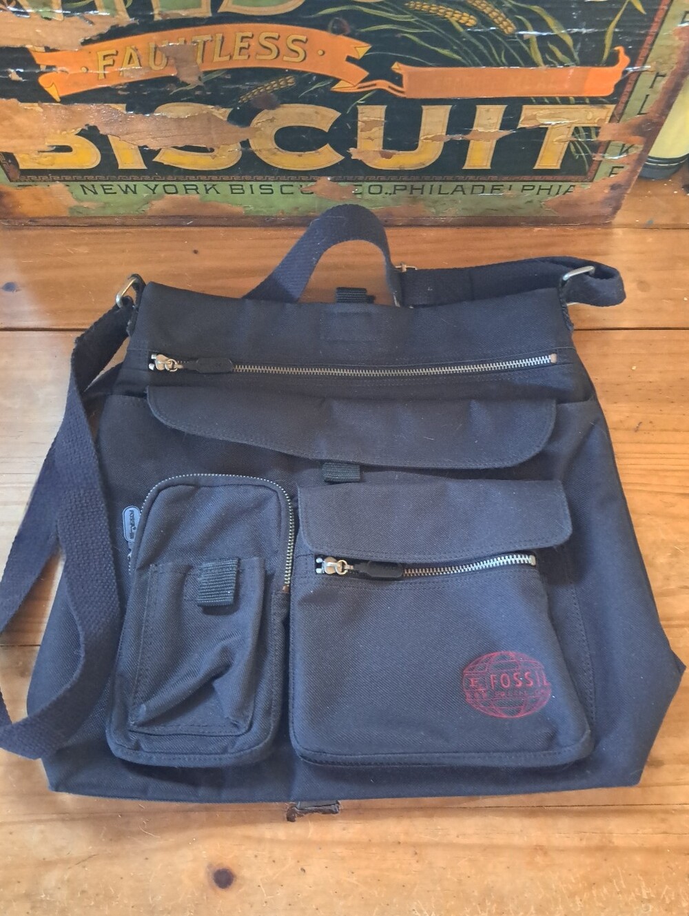 Fossil Messenger Crossbody Laptop Bag Black Multi-Pocket Utility Organizer